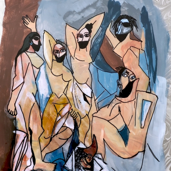 Hand Crafted Other - "Le Demoiselles En Quarantaine" Artwork, Mixed Media Painting 9x12 Picasso